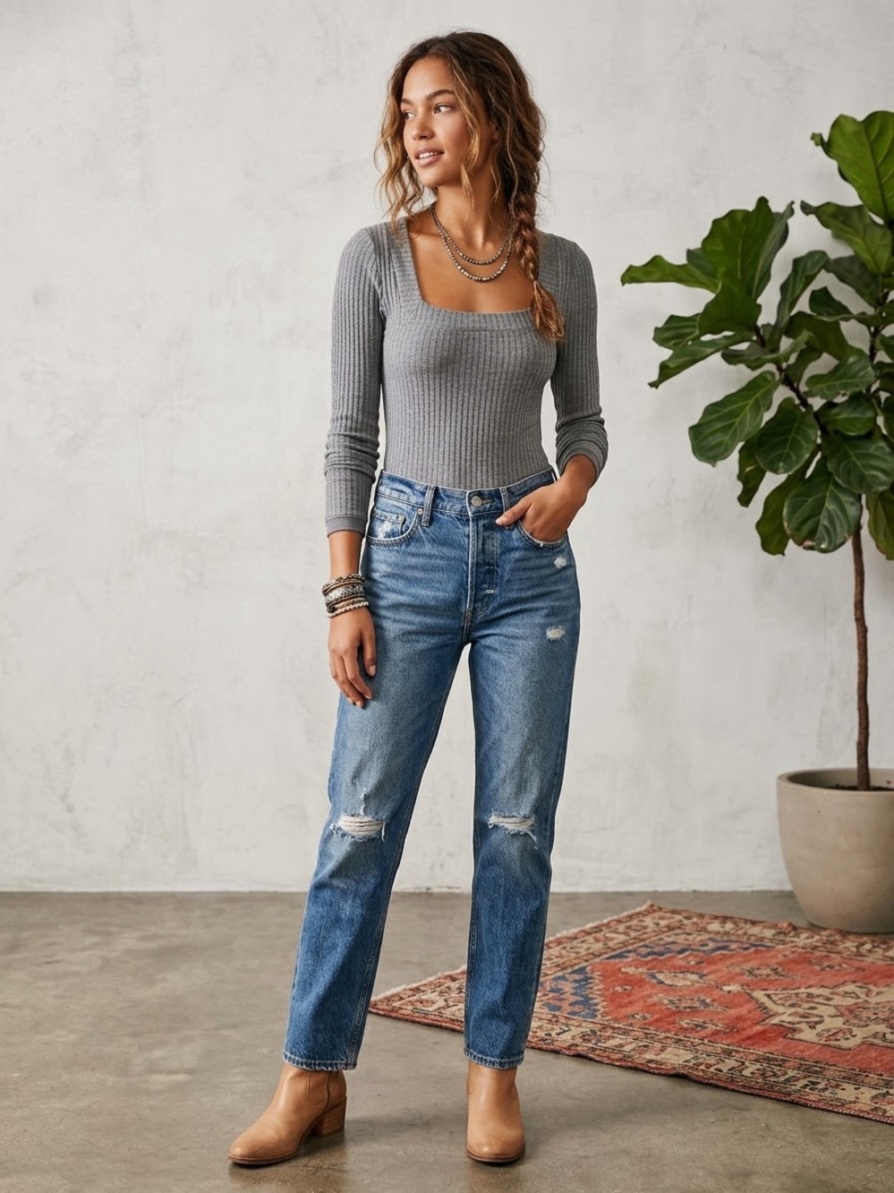 Free People Ribbed Square-Neck Long-Sleeve bodysuit in Gray